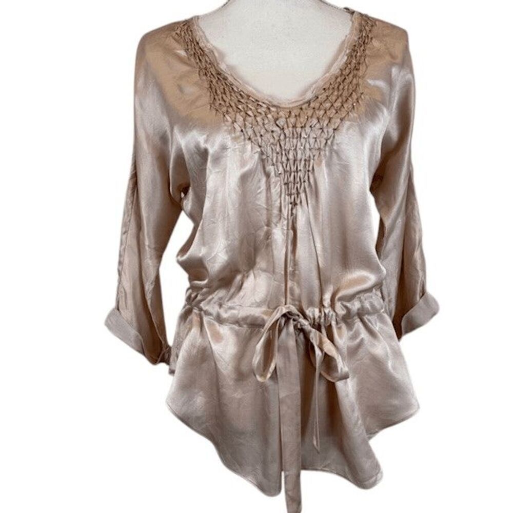 Rebecca Taylor Silk Beaded TieโWaist Blouse 3/4 Sleeve V-Neck Rosy Nude Size 2โ